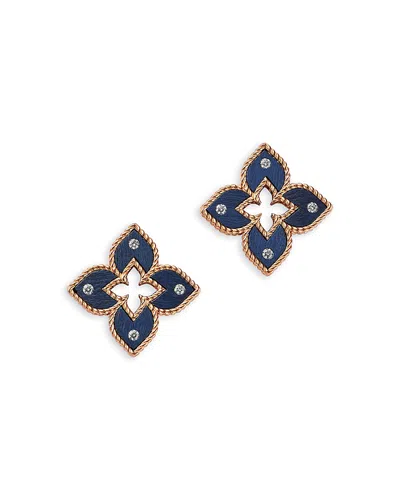 Roberto Coin 18k Rose Gold Venetian Princess Titanium Diamond Flower Stud Earrings In Blue