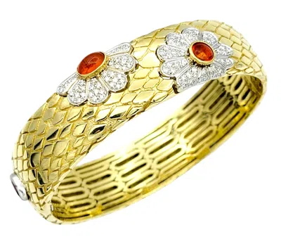 Pre-owned Roberto Coin 18k Snakeskin Bangle Bracelet With Fire Opal & Diamond Flowers In Multi