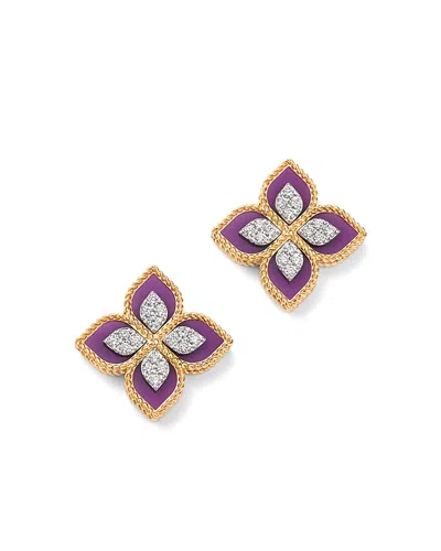 Roberto Coin 18k White & Yellow Gold Venetian Princess Phosphoiderite & Diamond Flower Stud Earrings In Purple