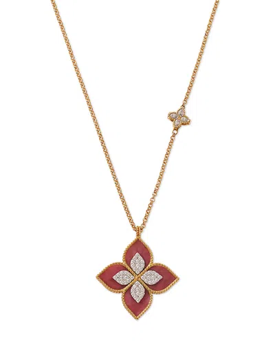 Roberto Coin 18k White & Yellow Gold Venetian Princess Pink Rhodonite & Diamond Flower Pendant Necklace, 33 In Pink/gold