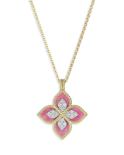Roberto Coin 18k White & Yellow Gold Venetian Princess Rhodonite & Diamond Flower Pendant Necklace, 16-18 In Yellow/white
