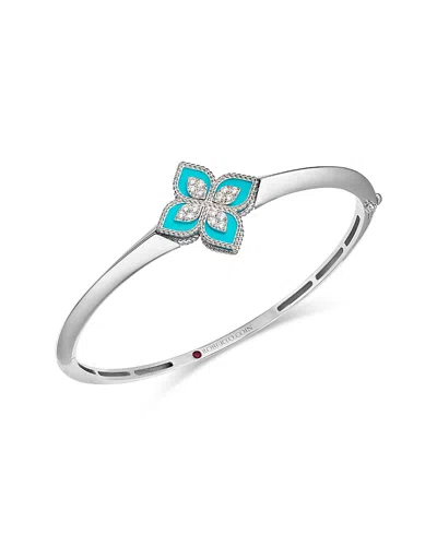 Roberto Coin 18k White Gold Diamond & Turquoise Venetian Princess Bangle Bracelet In Metallic