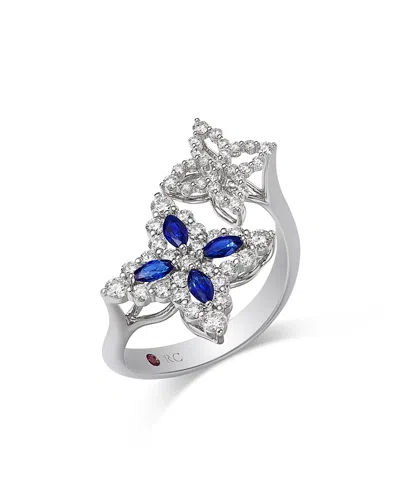 Roberto Coin 18k White Gold Diamond Princess Outline Blue Sapphire & Diamond Flower Bypass Ring