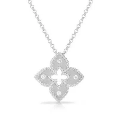Roberto Coin 18k White Gold Petite Venetian Princess Extra Small Satin & Diamond Accent Flower Neckl