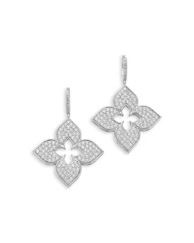 Roberto Coin 18k White Gold Venetian Princess Diamond Pave Quatrefoil Drop Earrings In Metallic