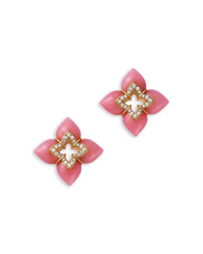 Roberto Coin 18k Yellow Gold Cabachon Pink Opal & Diamond Flower Stud Earrings In Multi