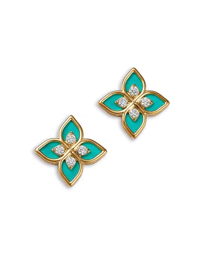 Roberto Coin 18k Yellow Gold Diamond Ceramic Venetian Princess Stud Earrings In Green