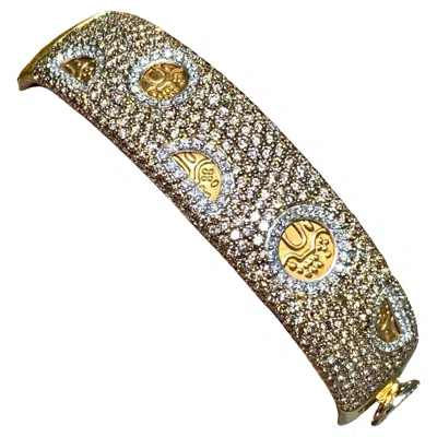 Pre-owned Roberto Coin 18k Yellow Gold Hammered Pavé Brown White Diamond Cuff Bracelet 7ct