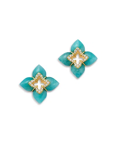 Roberto Coin 18k Yellow Gold Venetian Princess Amazonite & Diamond Flower Stud Earrings In Blue
