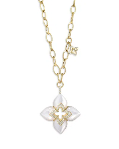 Roberto Coin 18k Yellow Gold Venetian Princess Cabochon Mother Of Pearl & Diamond Flower Pendant Necklace, 17