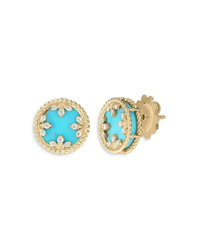 Roberto Coin 18k Yellow Gold Venetian Princess Medallion Turquoise & Diamond Stud Earrings In Blue/gold