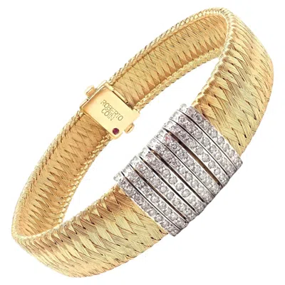 Pre-owned Roberto Coin 9 Row Diamond Ruby Silk Weave Yellow Gold Bracelet