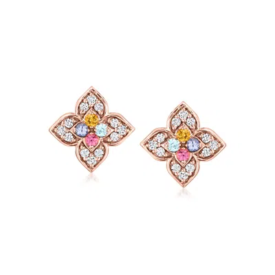 Roberto Coin "carnevale" .12 Ct. T.w. Diamond Flower Earrings With Gemstones In 18kt Rose Gold In Pink