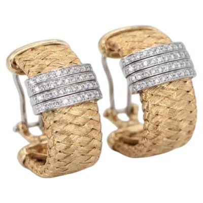 Pre-owned Roberto Coin Diamond Basket Weave 18k Yellow And White Gold Huggie Earrings