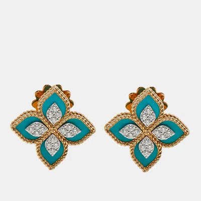 Pre-owned Roberto Coin Princess Flower Diamond Turquoise 18k Two Tone Gold Earrings