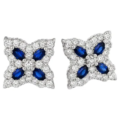 Pre-owned Roberto Coin - Royal Blue Sapphire Floral Motif Earrings In White Gold