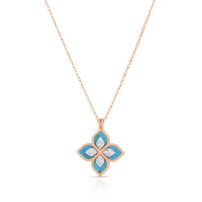 Roberto Coin Venetian Princess Flower Turquoise Diamond Necklace - 8882784ah18xt In Rose Gold-tone