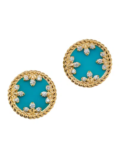 Roberto Coin 18k Yellow Gold Venetian Princess Medallion Turquoise & Diamond Stud Earrings In Blue/gold