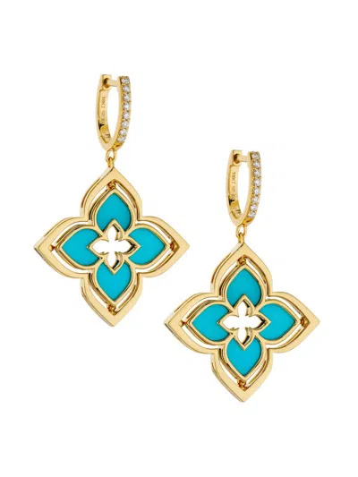 Roberto Coin Women's Venetian Princess 18k Yellow Gold, Turquoise & 0.19 Tcw Diamond Pirouette Flower Drop Earrin