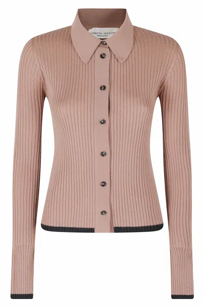 Roberto Collina Anthracite Pink Ribbed Merino Wool Cardigan In Brown