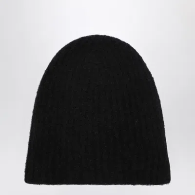 Roberto Collina Black Cashmere Ribbed Beanie In Red
