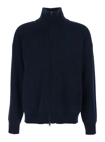 ROBERTO COLLINA BLUE SWEATSHIRT WITH DROPPED SHOULDERS AND FRONT ZIP CLOSURE IN WOOL MAN
