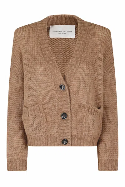 Roberto Collina Camel V-neck Chunky Knit Alpaca-blend Cardigan In Blue