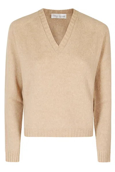 Roberto Collina Camel V-neck Merino Wool-blend Sweater In Brown