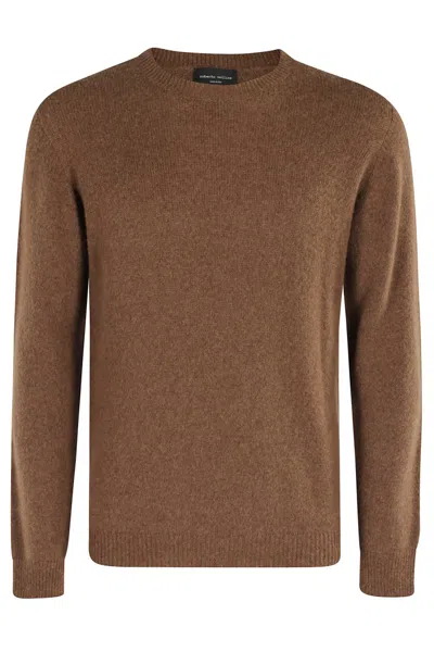 Roberto Collina Classic Crew Neck Merino Wool Blend Sweater In Brown