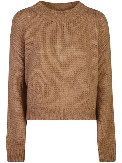 Roberto Collina Cropped Ribbed Knit Sweater With Classic Crew Neckline In Brown