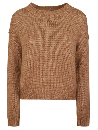 Roberto Collina Cropped Ribbed Knit Sweater With Classic Crew Neckline In Brown