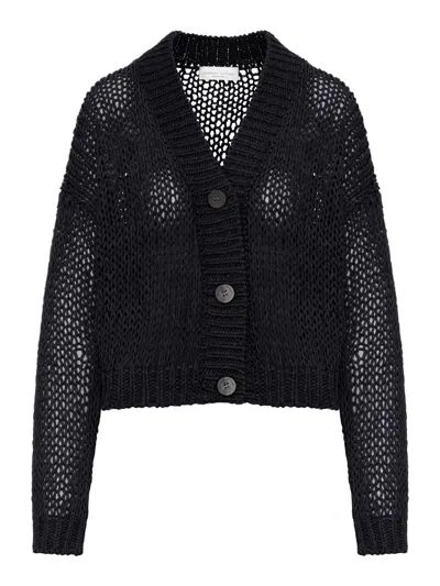 Roberto Collina Cropped Cardigan In Perforated Knit In Black