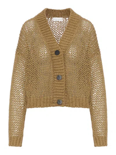 Roberto Collina Cropped Cardigan In Perforated Knit In Brown