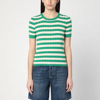 Roberto Collina Striped Cotton Sweater Short Sleeves Crew Neck In Green
