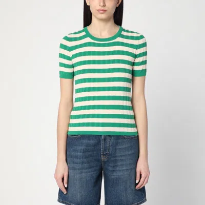 Roberto Collina Green/ivory Striped Sweater In Cotton