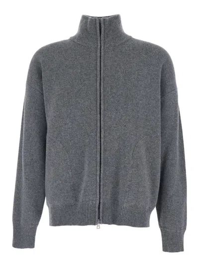 Roberto Collina Grey Sweatshirt With Dropped Shoulders And Front Zip Closure In Wool Man In Gray
