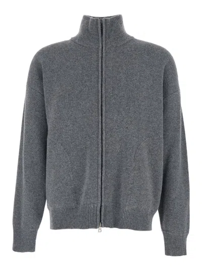 ROBERTO COLLINA GREY SWEATSHIRT WITH DROPPED SHOULDERS AND FRONT ZIP CLOSURE IN WOOL MAN