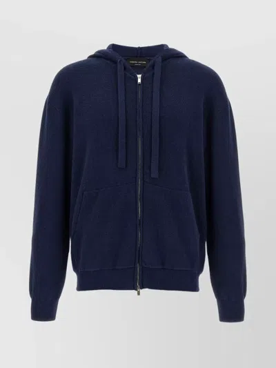 Roberto Collina Hooded Terry Sweater With Ribbed Cuffs And Hem In Blue
