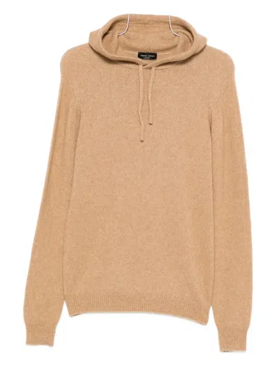 Roberto Collina Hooded Knit Top Drawstring Hood Ribbed Trims In Brown