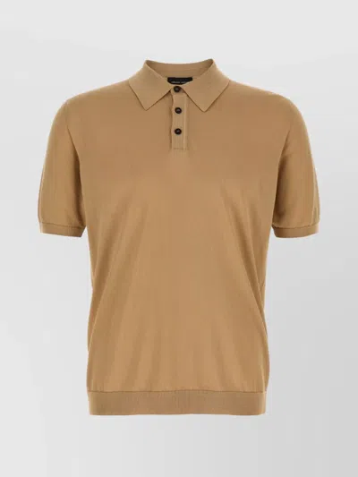 Roberto Collina Knitted Polo Shirt With Ribbed Cuffs In Brown
