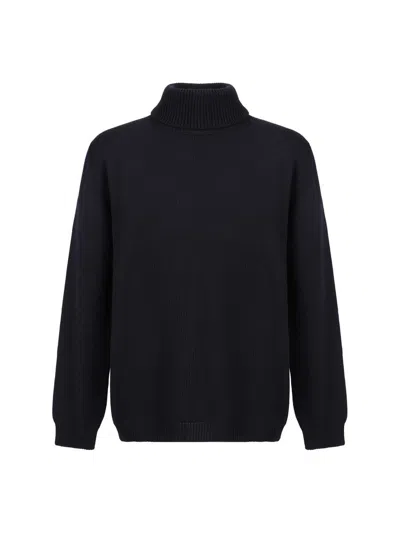 Roberto Collina Navy Merino Wool Turtleneck Sweater In Brown