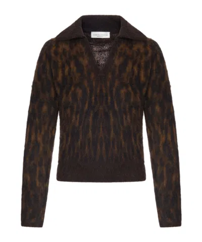 Roberto Collina Leopard Print Collared Knit Sweater In Brown
