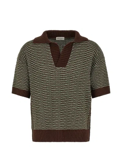 Roberto Collina Textured Knit Polo Shirt Ribbed Collar Hem In Green