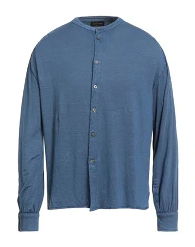 Roberto Collina Man Shirt Slate Blue Size 38 Linen, Elastane