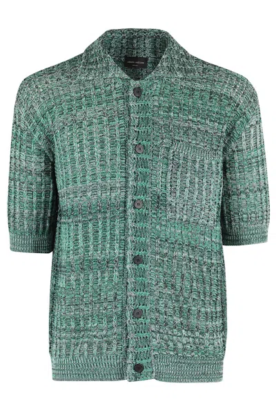 Roberto Collina Mesh Knit Short-sleeved Shirt With Pointed Collar In Blue