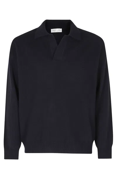 Roberto Collina Navy Skipper-neck Ribbed Cuffs Merino Wool Sweater In Black