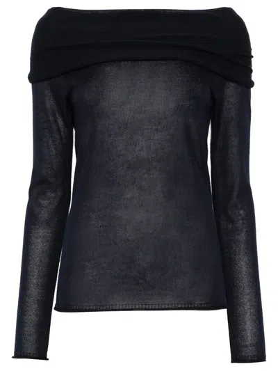 Roberto Collina Off-the-shoulder Silk Blend Semi-sheer Sweater In Black