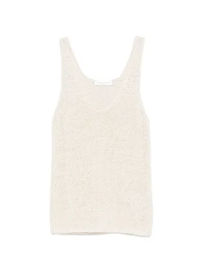 Roberto Collina Open Knit V Neck Top Woman Ecru In Neutral