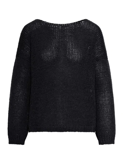 Roberto Collina Openwork Sweater With Dropped Shoulders In Cotton Blend In Black