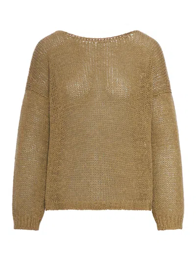 Roberto Collina Openwork Sweater With Dropped Shoulders In Cotton Blend In Brown